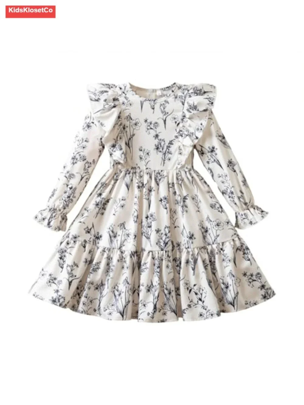Floral Print A-Line Sundress with Ruffle Long Sleeves - Kids Casual Dress,